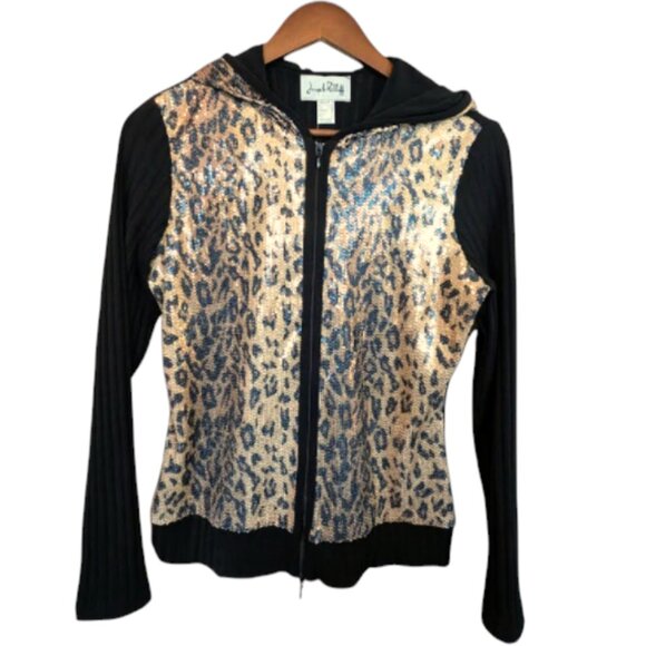 NWT Joseph Ribkoff Animal Print Sequins Cardigan Sweater with Hood - Picture 3 of 7